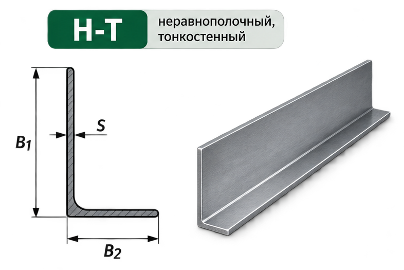 Уголок неравнополочный тонкостенный, схематический рисунок с размерами.