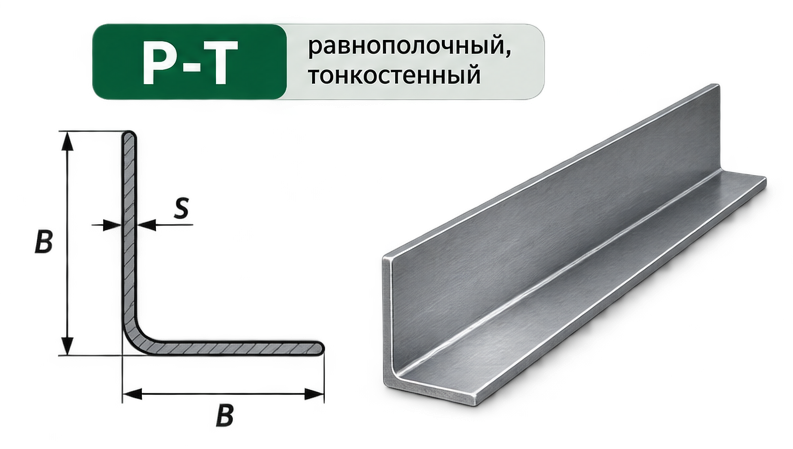Уголок равнополочный тонкостенный, схематический рисунок с размерами.